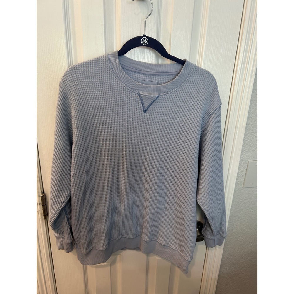 Aerie Waffle Knit Sweatshirt Blue Oversized Thermal Pullover Crewneck Loungewear